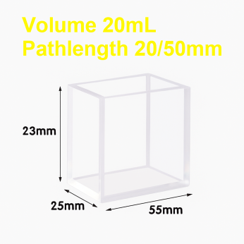 (VAOF200) 20ml Fluorescence Cuvette, Fused, Dual Lightpath 20/ 50mm, 23x55x25 mm, 4 Clear Windows