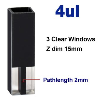(VFOB04) 4uL Ultra Micro Fluorescence Cuvette, Black Walls, Bonded, 3 Windows, Lightpath 2mm