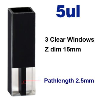 (VFOB05) 5uL Ultra Micro Fluorescence Cuvette, Black Walls, Bonded, 3 Windows, Lightpath 2.5mm