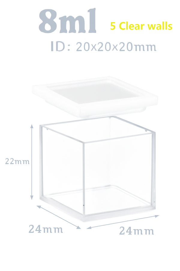 (V5ML20Q) 8 mL Large Cuvette, 5 Windows, Quartz Cover, Molded, Lightpath 20mm, 22x24x24 mm