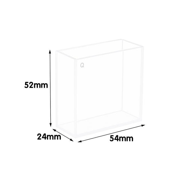 (VFOF25) 50mL stor kyvett, smält, ljusbana 20 mm eller 50 mm, 4 fönster, 52x54x24 mm