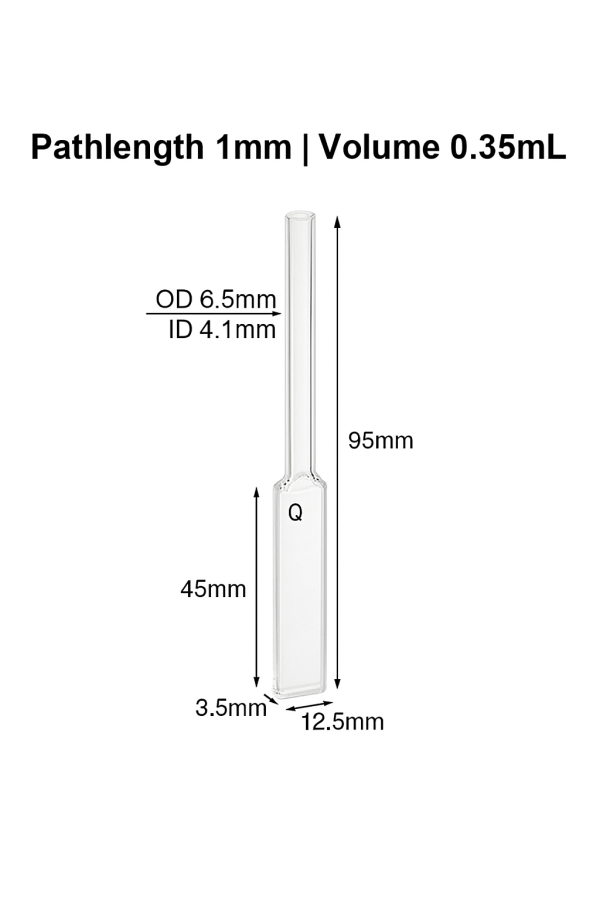 (VAOMT06) Cellule de 0,35 ml avec tube de quartz, diamètre extérieur du tube 6,5 mm, hauteur 95 mm, 2 fenêtres, trajet optique 1 mm